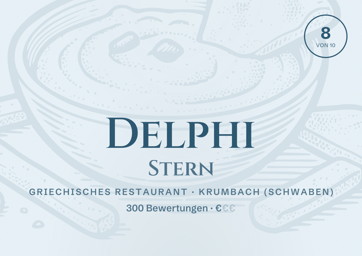 Illustriertes Poster von Delphi Stern, Griechisches Restaurant in Krumbach (Schwaben): Bewertung 8 von 10 aus 300 Bewertungen, Preisniveau €