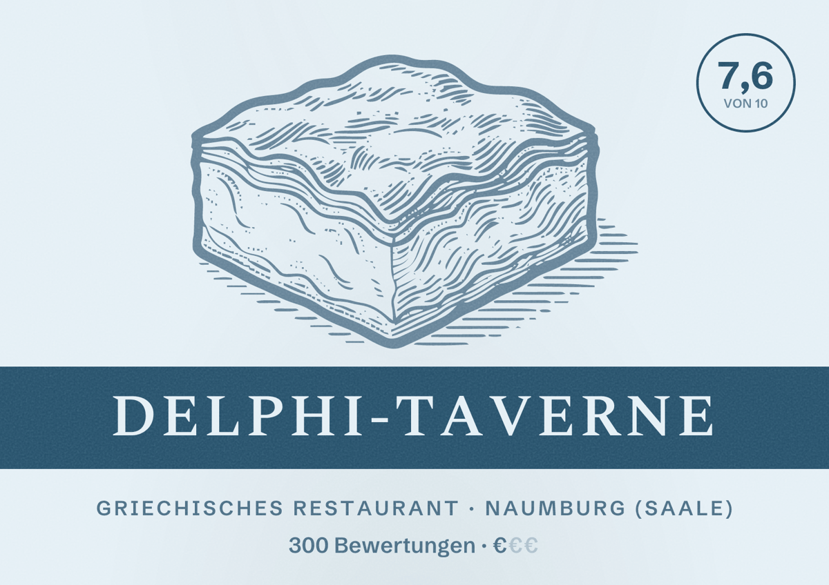 Illustriertes Poster von Delphi-Taverne, Griechisches Restaurant in Naumburg (Saale): Bewertung 7,6 von 10 aus 300 Bewertungen, Preisniveau €