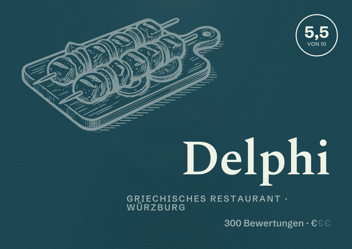 Illustriertes Poster von Delphi, Griechisches Restaurant in Würzburg: Bewertung 5,5 von 10 aus 300 Bewertungen, Preisniveau €