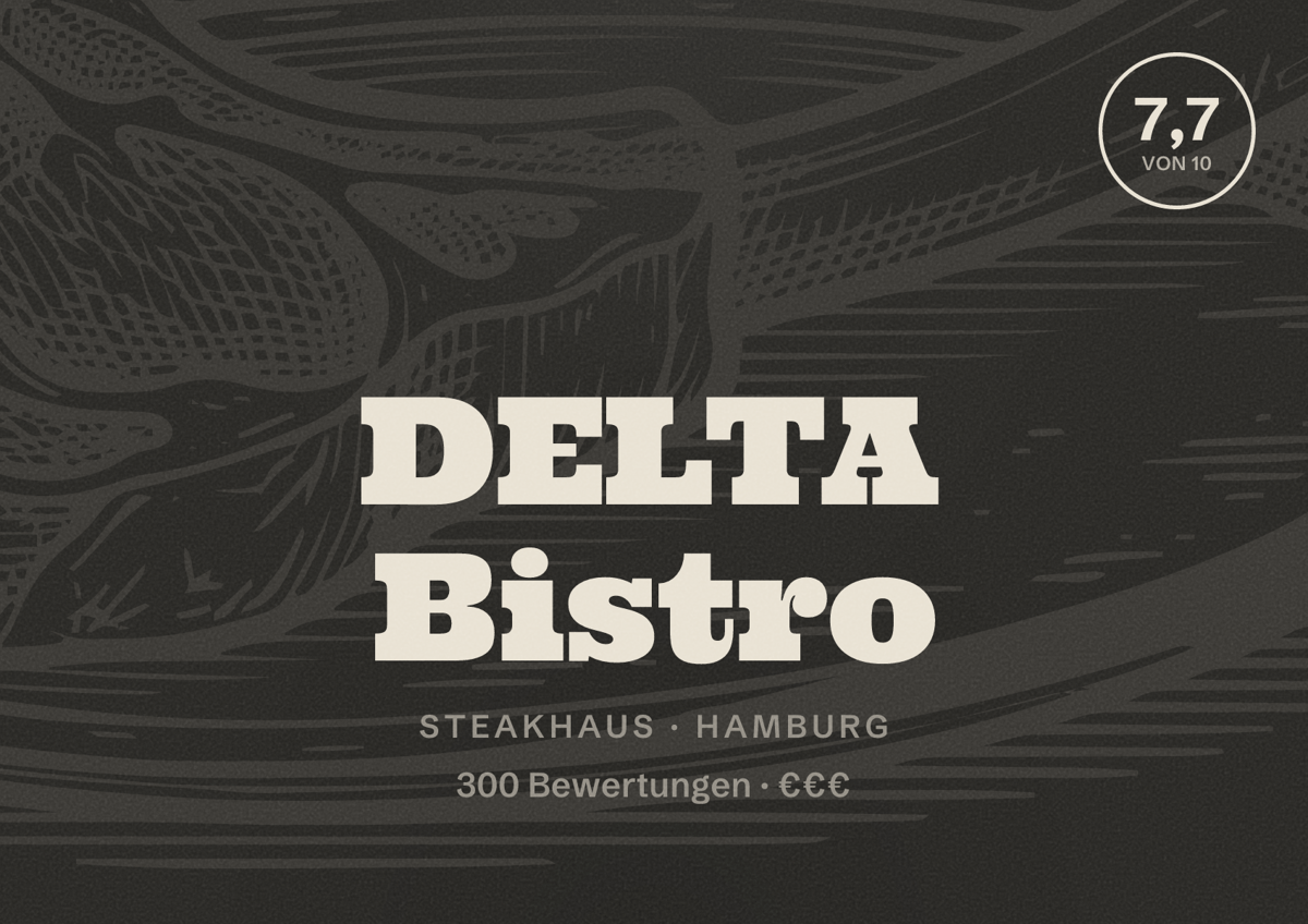 Illustriertes Poster von DELTA Bistro, Steakhaus in Hamburg: Bewertung 7,7 von 10 aus 300 Bewertungen, Preisniveau €€€