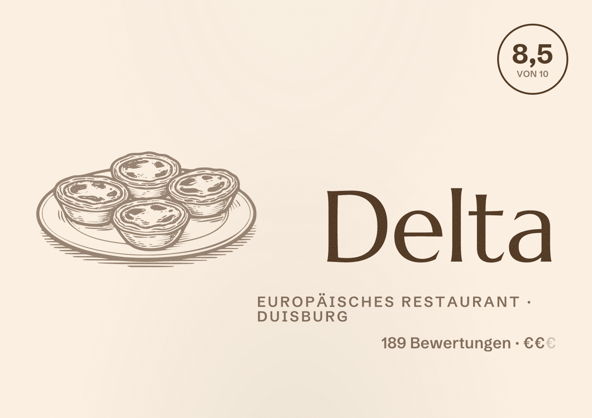 Illustriertes Poster von Delta, Europäisches Restaurant in Duisburg: Bewertung 8,5 von 10 aus 189 Bewertungen, Preisniveau €€