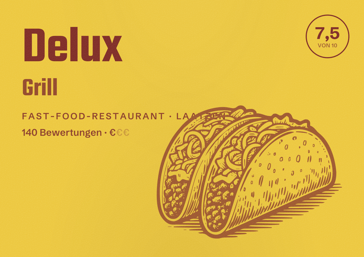Illustriertes Poster von Delux Grill, Fast-Food-Restaurant in Laatzen: Bewertung 7,5 von 10 aus 140 Bewertungen, Preisniveau €