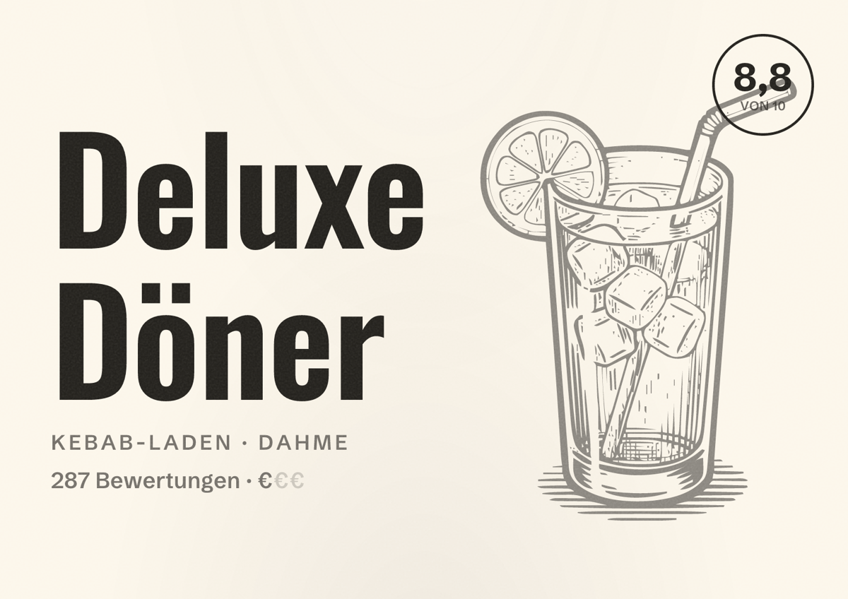 Illustriertes Poster von Deluxe Döner, Kebab-Laden in Dahme: Bewertung 8,8 von 10 aus 287 Bewertungen, Preisniveau €