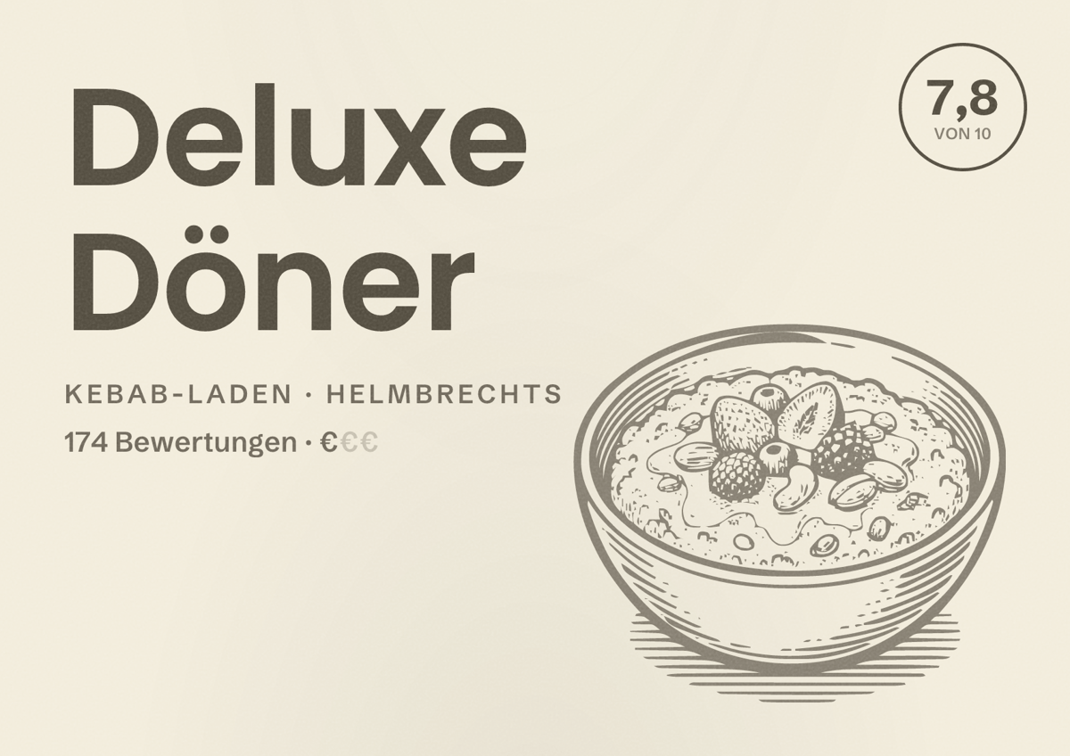 Illustriertes Poster von Deluxe Döner, Kebab-Laden in Helmbrechts: Bewertung 7,8 von 10 aus 174 Bewertungen, Preisniveau €