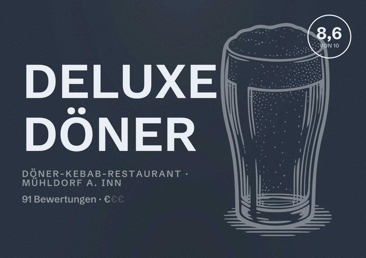 Illustriertes Poster von DELUXE DÖNER, Döner-Kebab-Restaurant in Mühldorf a. Inn: Bewertung 8,6 von 10 aus 91 Bewertungen, Preisniveau €