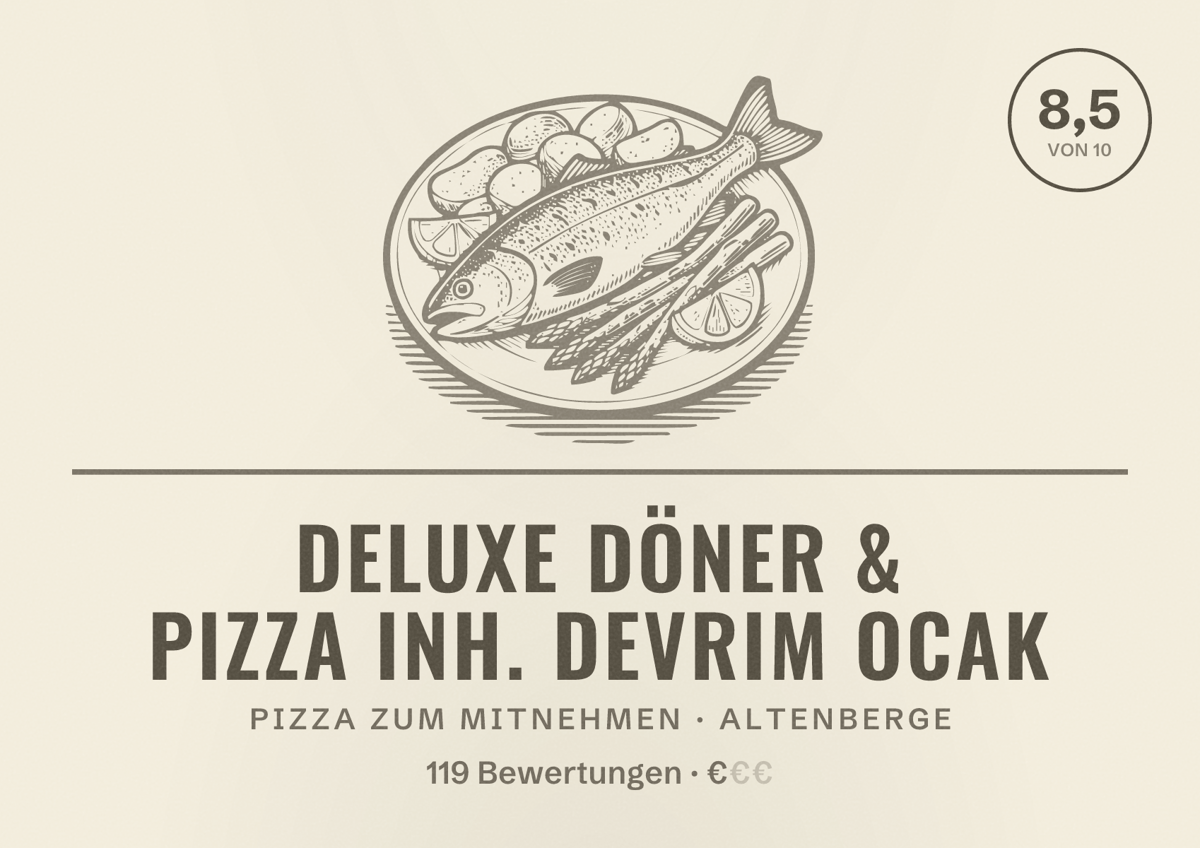 Illustriertes Poster von Deluxe Döner & Pizza Inh. Devrim Ocak, Pizza zum Mitnehmen in Altenberge: Bewertung 8,5 von 10 aus 119 Bewertungen, Preisniveau €