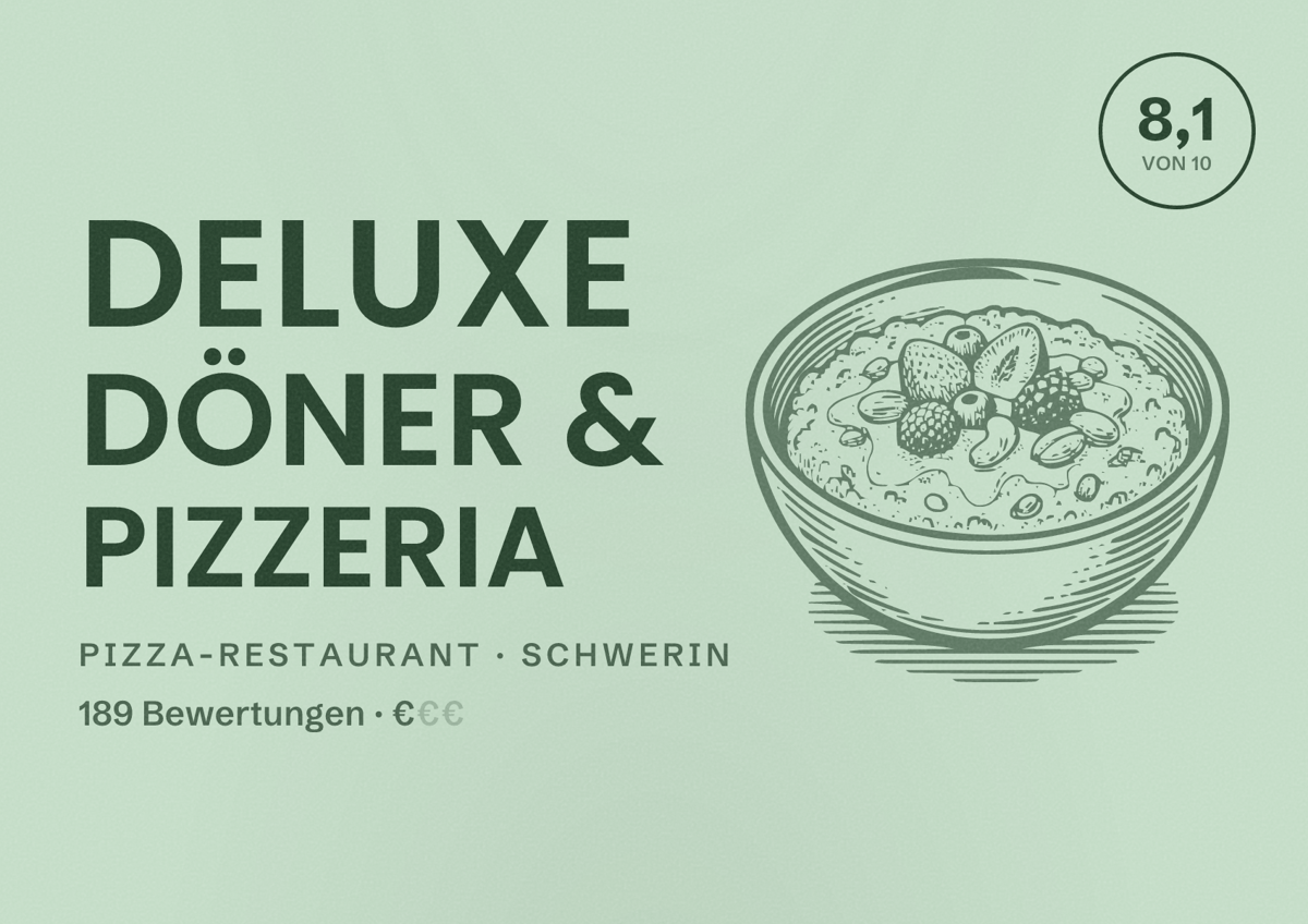 Illustriertes Poster von Deluxe Döner & Pizzeria, Pizza-Restaurant in Schwerin: Bewertung 8,1 von 10 aus 189 Bewertungen, Preisniveau €