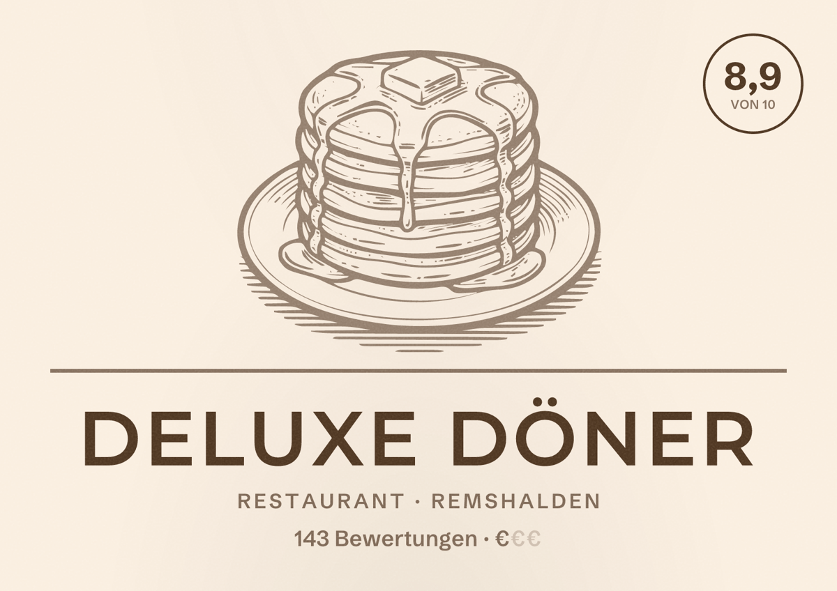 Illustriertes Poster von Deluxe Döner, Restaurant in Remshalden: Bewertung 8,9 von 10 aus 143 Bewertungen, Preisniveau €