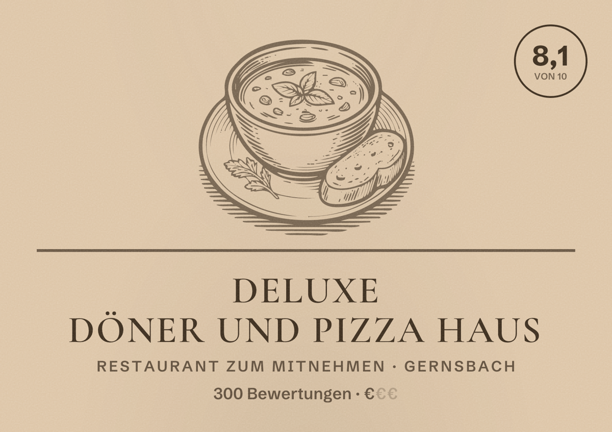 Illustriertes Poster von Deluxe Döner und Pizza Haus, Restaurant zum Mitnehmen in Gernsbach: Bewertung 8,1 von 10 aus 300 Bewertungen, Preisniveau €