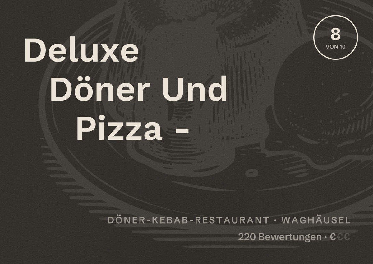 Illustriertes Poster von Deluxe Döner Und Pizza -, Döner-Kebab-Restaurant in Waghäusel: Bewertung 8 von 10 aus 220 Bewertungen, Preisniveau €