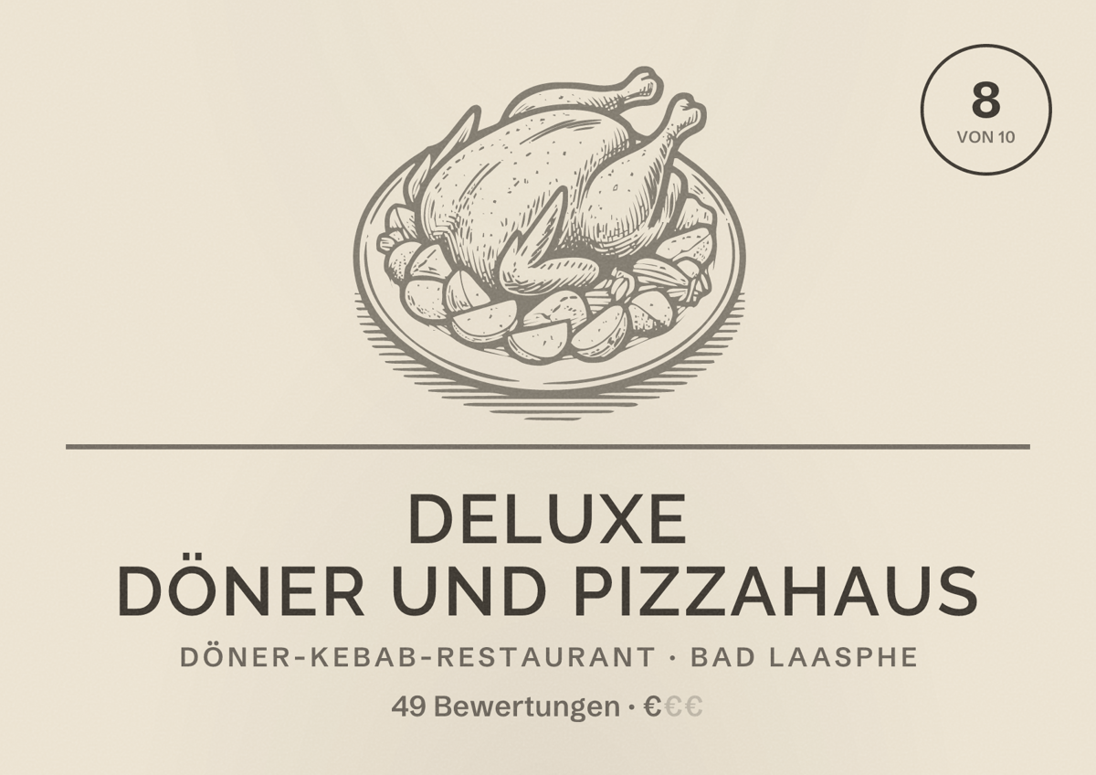 Illustriertes Poster von Deluxe Döner und Pizzahaus, Döner-Kebab-Restaurant in Bad Laasphe: Bewertung 8 von 10 aus 49 Bewertungen, Preisniveau €