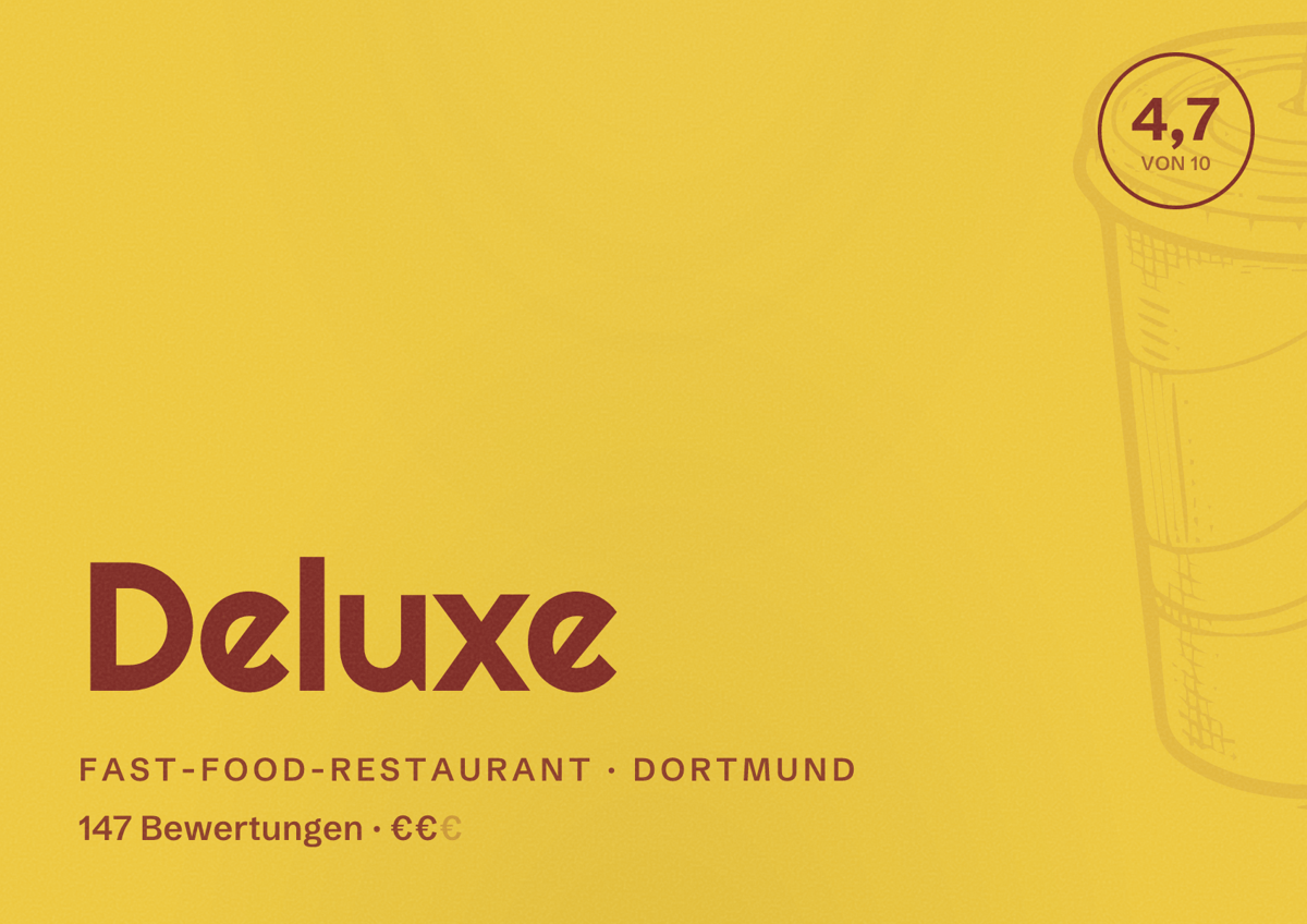 Illustriertes Poster von Deluxe, Fast-Food-Restaurant in Dortmund: Bewertung 4,7 von 10 aus 147 Bewertungen, Preisniveau €€