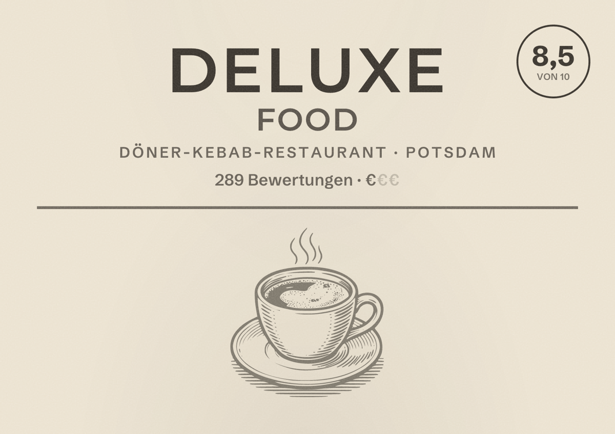 Illustriertes Poster von Deluxe Food, Döner-Kebab-Restaurant in Potsdam: Bewertung 8,5 von 10 aus 289 Bewertungen, Preisniveau €
