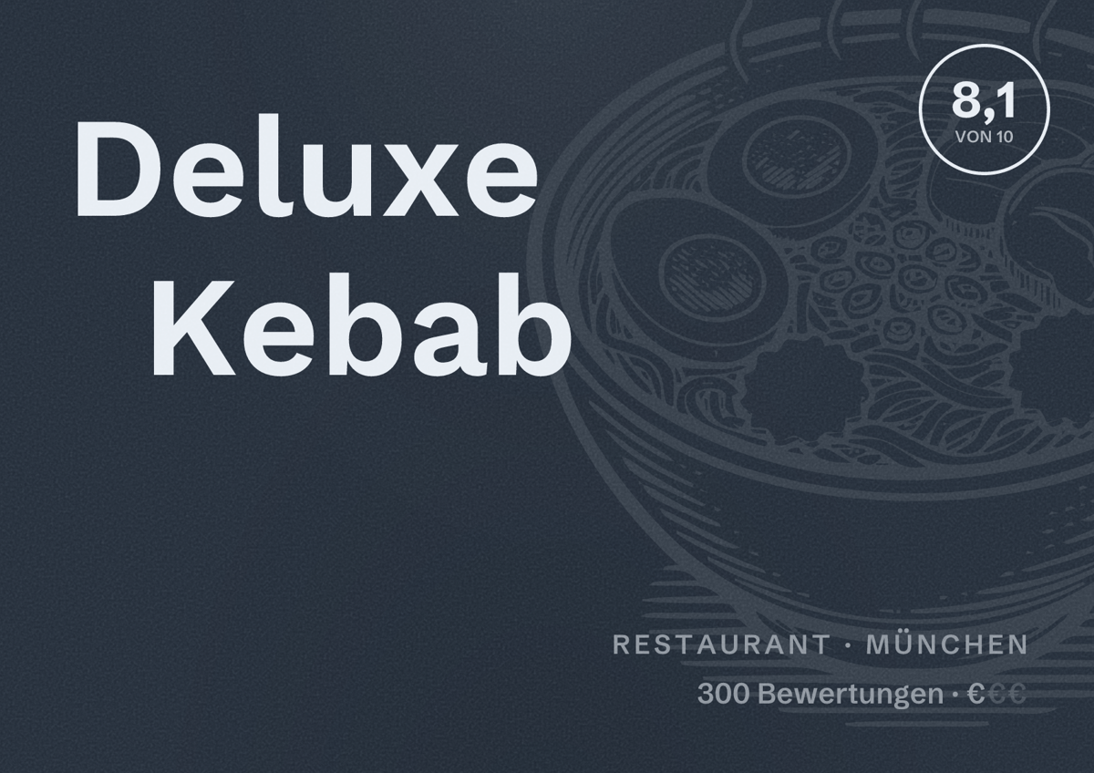 Illustriertes Poster von Deluxe Kebab, Restaurant in München: Bewertung 8,1 von 10 aus 300 Bewertungen, Preisniveau €