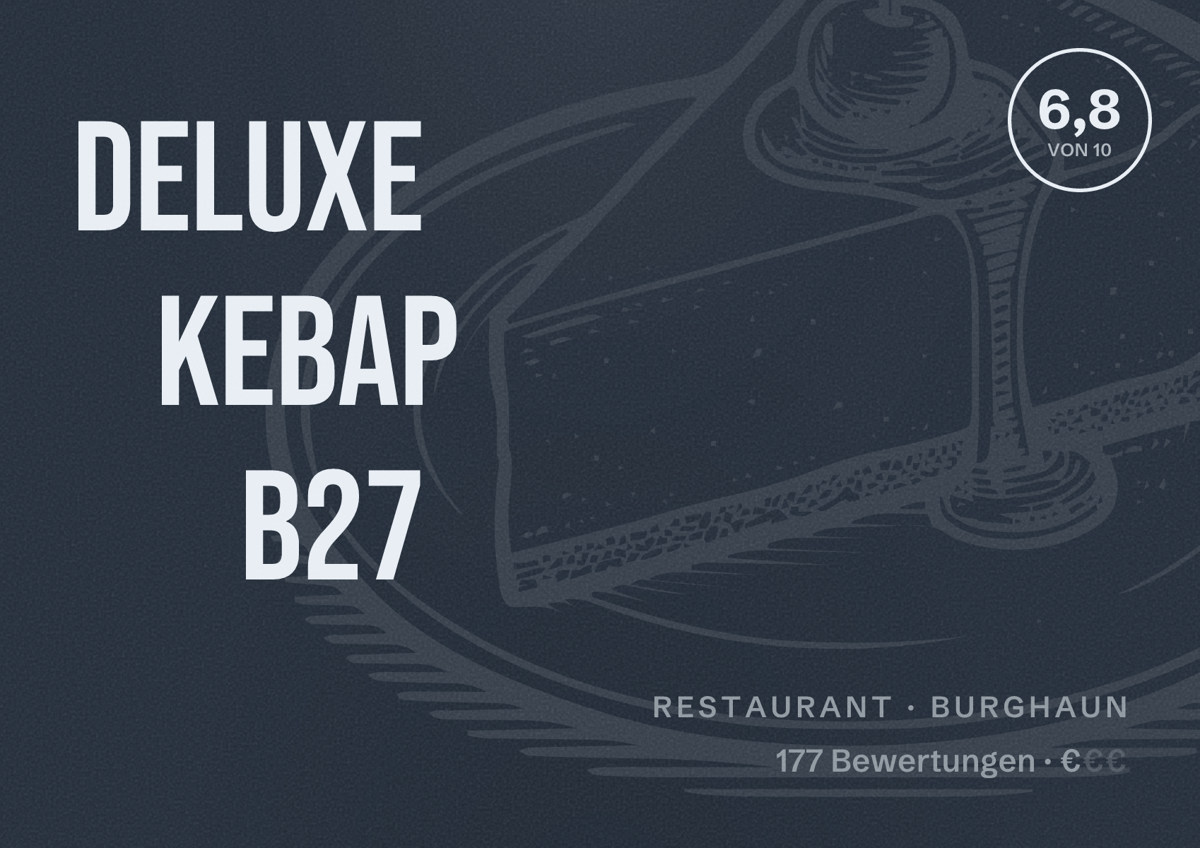 Illustriertes Poster von Deluxe Kebap B27, Restaurant in Burghaun: Bewertung 6,8 von 10 aus 177 Bewertungen, Preisniveau €