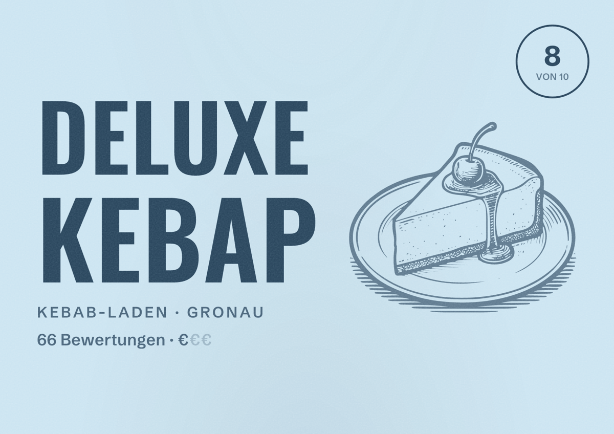 Illustriertes Poster von Deluxe Kebap, Kebab-Laden in Gronau: Bewertung 8 von 10 aus 66 Bewertungen, Preisniveau €
