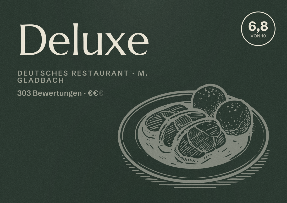 Illustriertes Poster von Deluxe, Deutsches Restaurant in M. Gladbach: Bewertung 6,8 von 10 aus 303 Bewertungen, Preisniveau €€