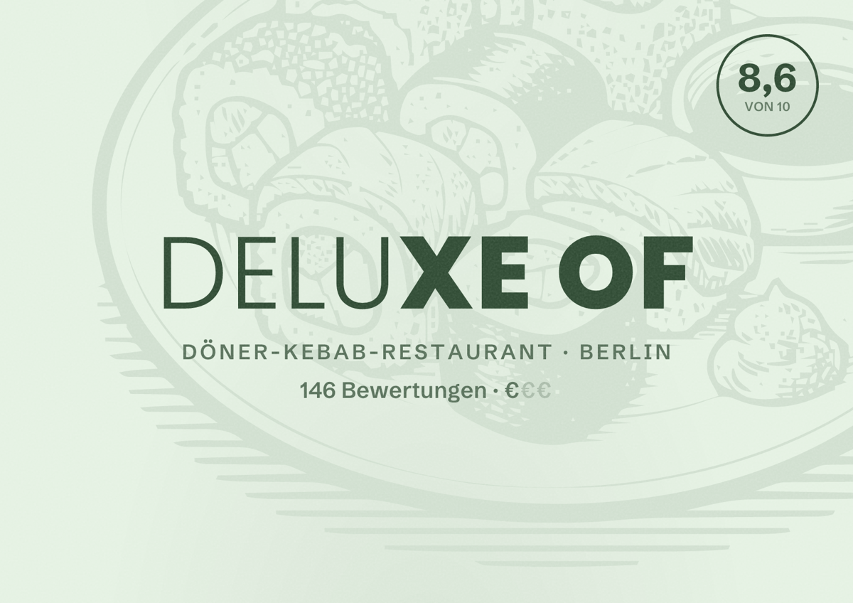 Illustriertes Poster von Deluxe of, Döner-Kebab-Restaurant in Berlin: Bewertung 8,6 von 10 aus 146 Bewertungen, Preisniveau €