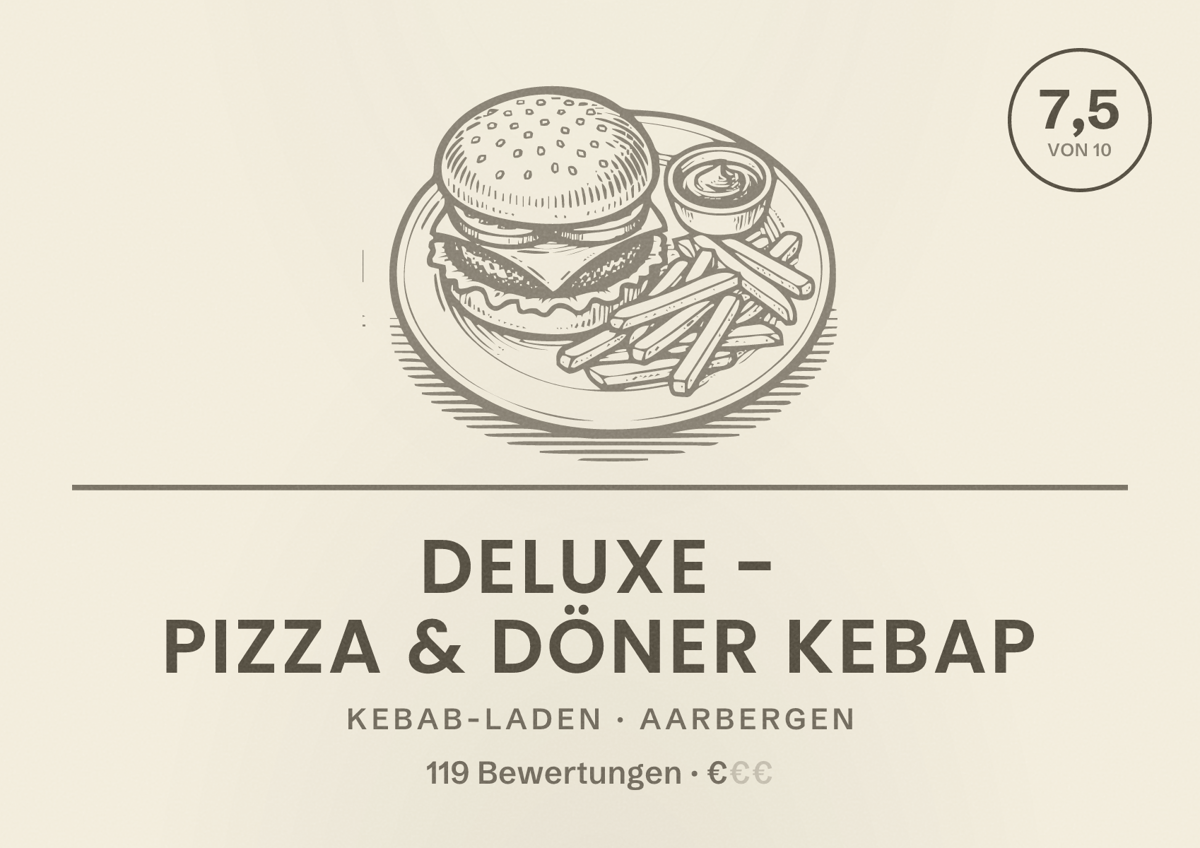 Illustriertes Poster von Deluxe - Pizza & Döner Kebap, Kebab-Laden in Aarbergen: Bewertung 7,5 von 10 aus 119 Bewertungen, Preisniveau €