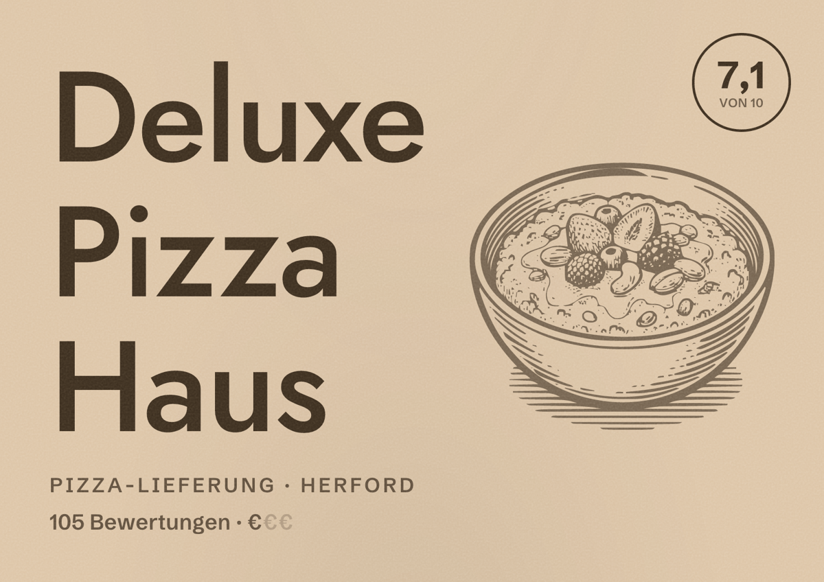 Illustriertes Poster von Deluxe Pizza Haus, Pizza-Lieferung in Herford: Bewertung 7,1 von 10 aus 105 Bewertungen, Preisniveau €