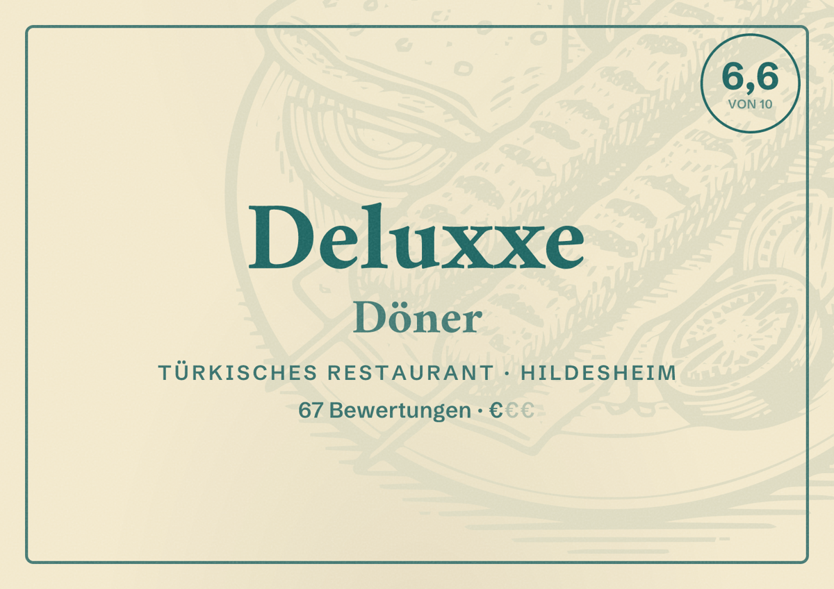 Illustriertes Poster von Deluxxe Döner, Türkisches Restaurant in Hildesheim: Bewertung 6,6 von 10 aus 67 Bewertungen, Preisniveau €