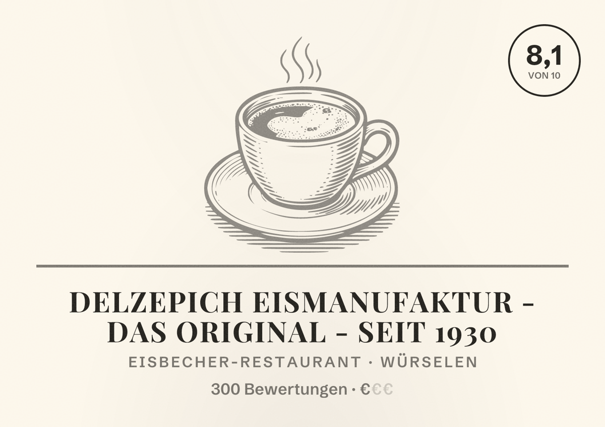 Illustriertes Poster von Delzepich Eismanufaktur - Das Original - seit 1930, Eisbecher-Restaurant in Würselen: Bewertung 8,1 von 10 aus 300 Bewertungen, Preisniveau €