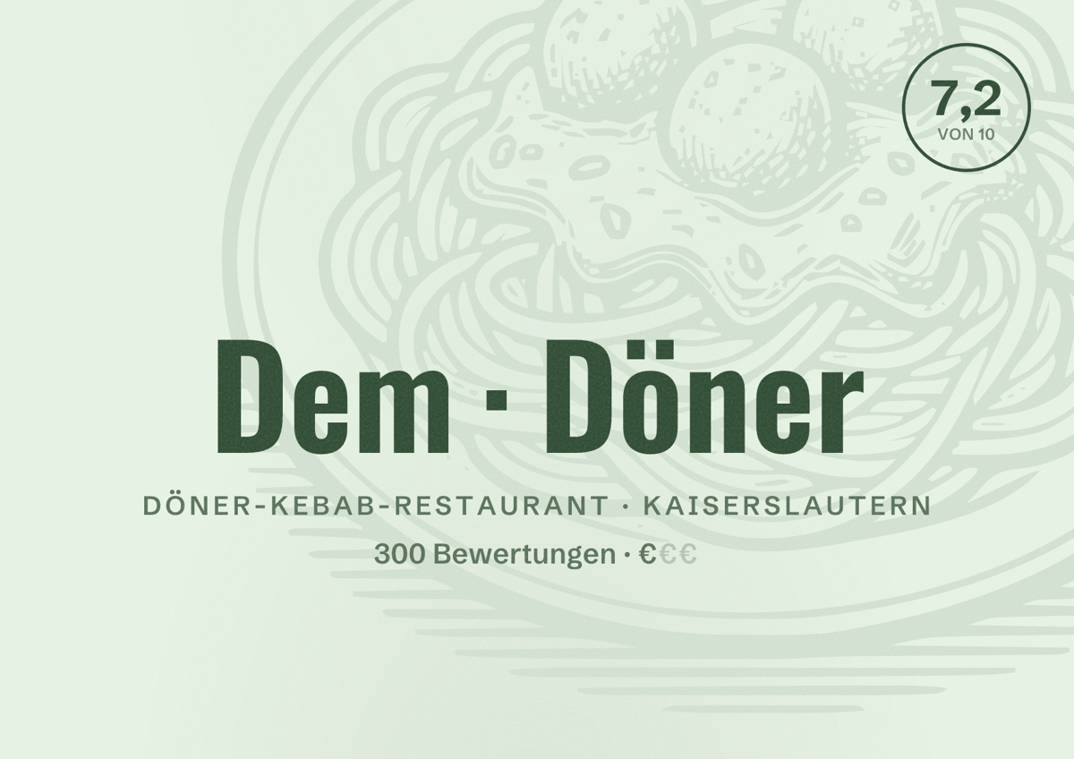Illustriertes Poster von Dem Döner, Döner-Kebab-Restaurant in Kaiserslautern: Bewertung 7,2 von 10 aus 300 Bewertungen, Preisniveau €