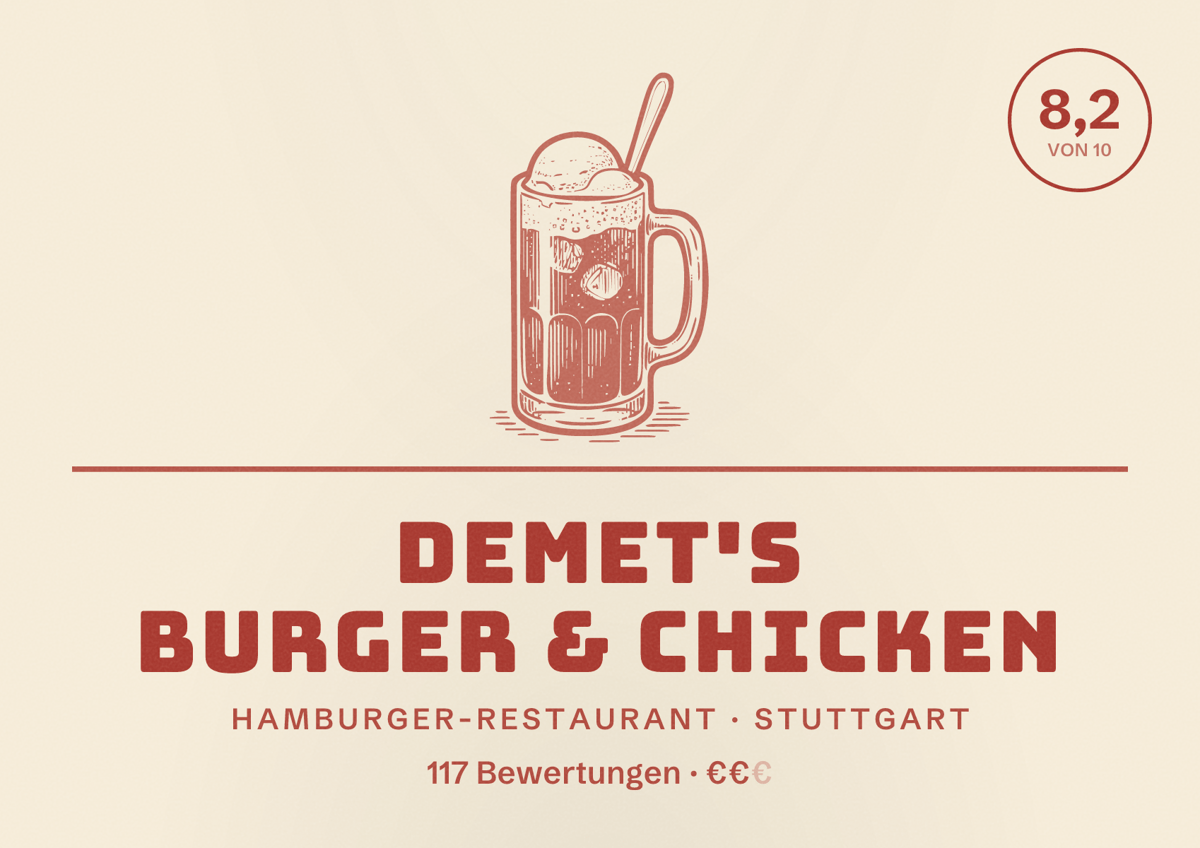 Illustriertes Poster von Demet's Burger & Chicken, Hamburger-Restaurant in Stuttgart: Bewertung 8,2 von 10 aus 117 Bewertungen, Preisniveau €€