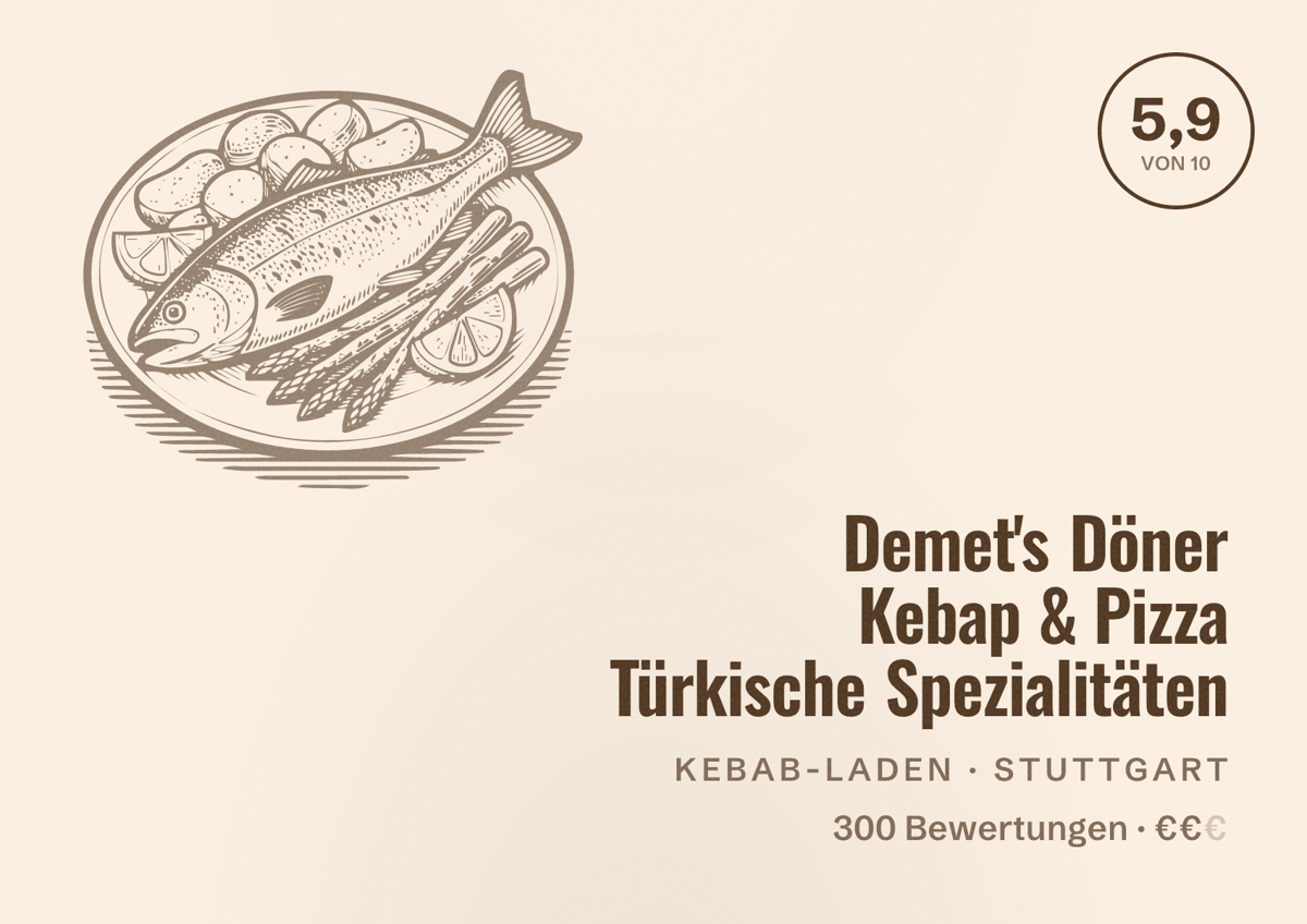 Illustriertes Poster von Demet's Döner Kebap & Pizza Türkische Spezialitäten, Kebab-Laden in Stuttgart: Bewertung 5,9 von 10 aus 300 Bewertungen, Preisniveau €€
