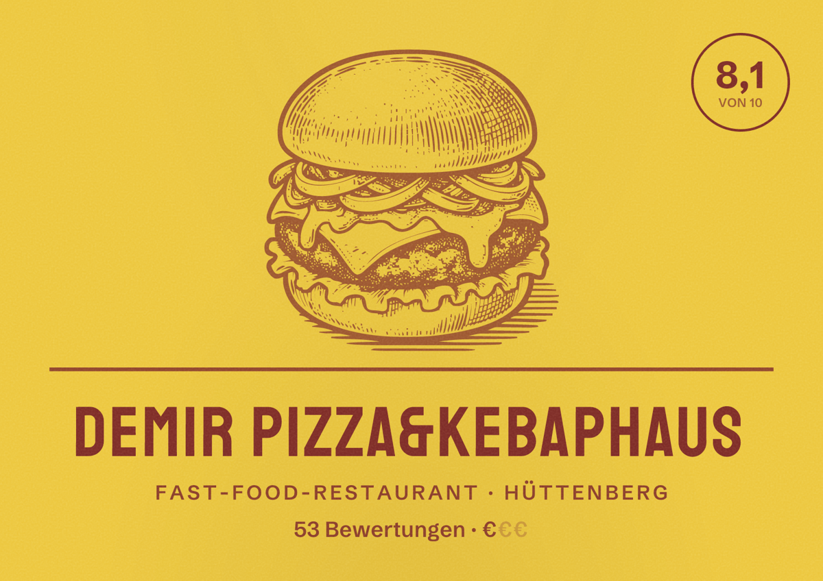 Illustriertes Poster von Demir Pizza&Kebaphaus, Fast-Food-Restaurant in Hüttenberg: Bewertung 8,1 von 10 aus 53 Bewertungen, Preisniveau €