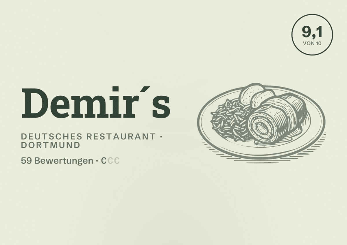 Illustriertes Poster von Demir´s, Deutsches Restaurant in Dortmund: Gästebewertung 9,1 von 10 aus 59 Bewertungen
