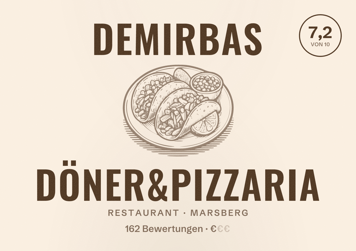 Illustriertes Poster von Demirbas Döner&Pizzaria, Restaurant in Marsberg: Bewertung 7,2 von 10 aus 162 Bewertungen, Preisniveau €