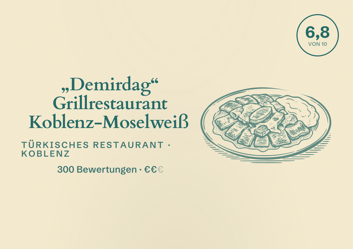 Illustriertes Poster von „Demirdag“ Grillrestaurant Koblenz-Moselweiß, Türkisches Restaurant in Koblenz: Bewertung 6,8 von 10 aus 300 Bewertungen, Preisniveau €€