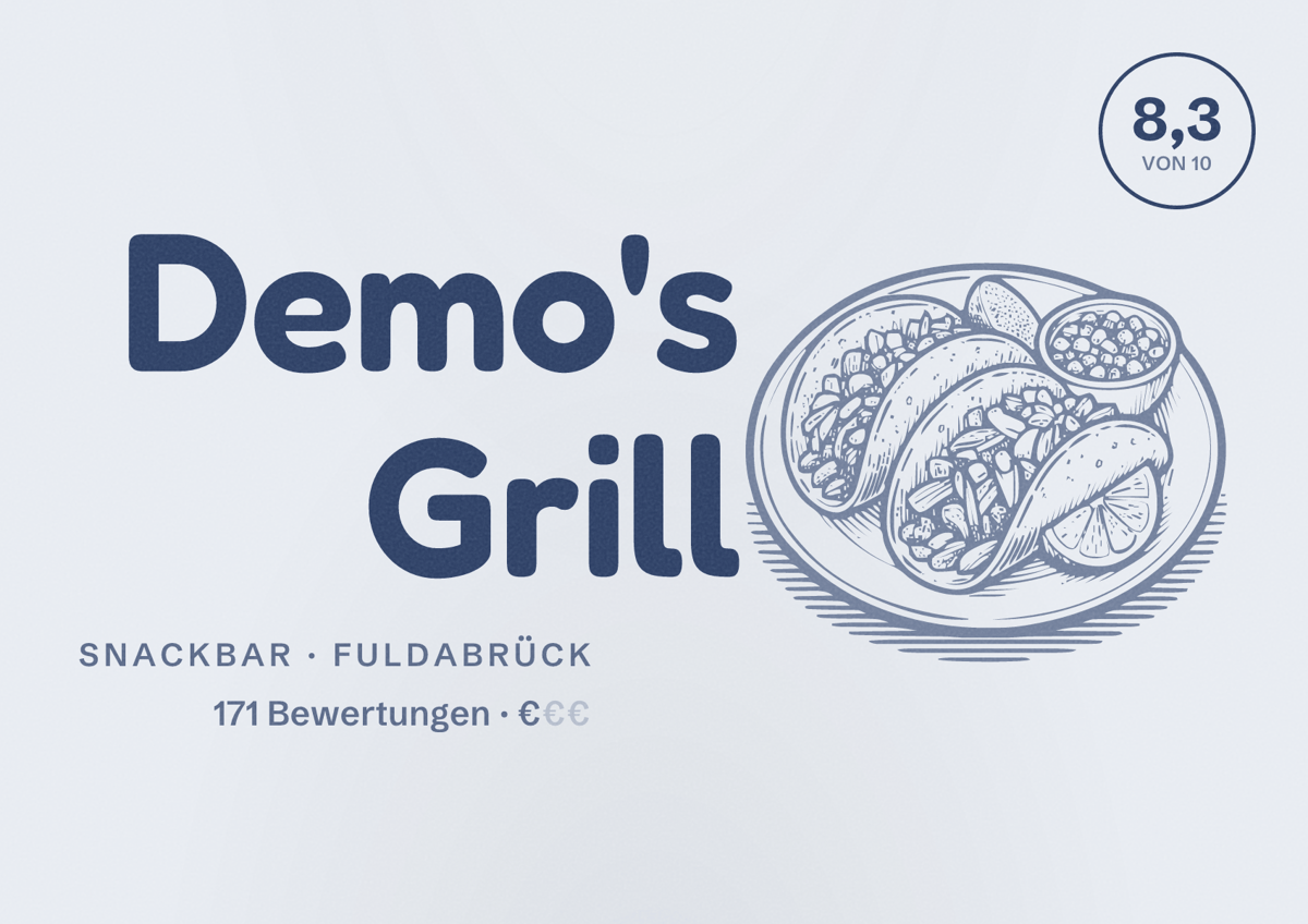Illustriertes Poster von Demo's Grill, Snackbar in Fuldabrück: Bewertung 8,3 von 10 aus 171 Bewertungen, Preisniveau €