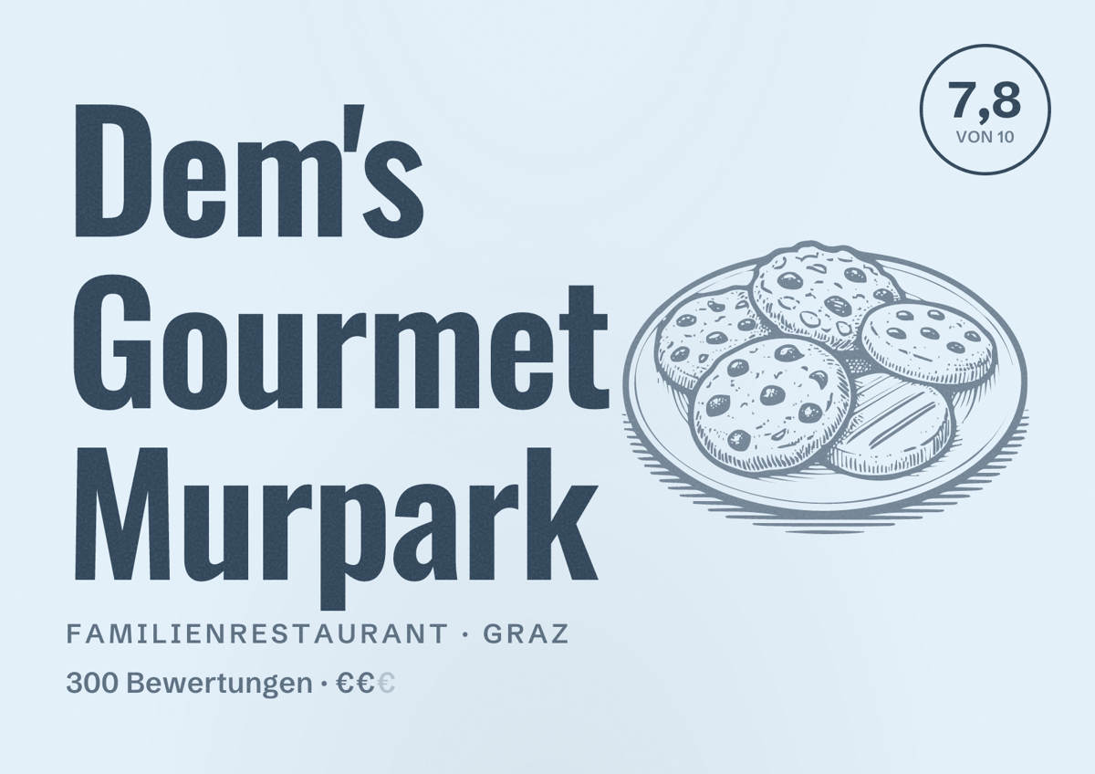 Illustriertes Poster von Dem's Gourmet Murpark, Familienrestaurant in Graz: Bewertung 7,8 von 10 aus 300 Bewertungen, Preisniveau €€