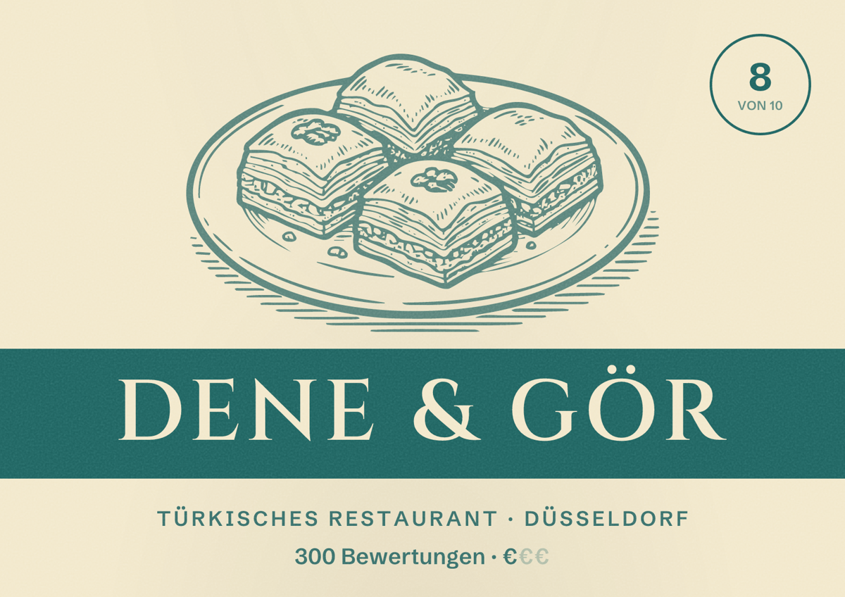 Illustriertes Poster von Dene & Gör, Türkisches Restaurant in Düsseldorf: Bewertung 8,0 von 10 aus 300 Bewertungen, Preisniveau €
