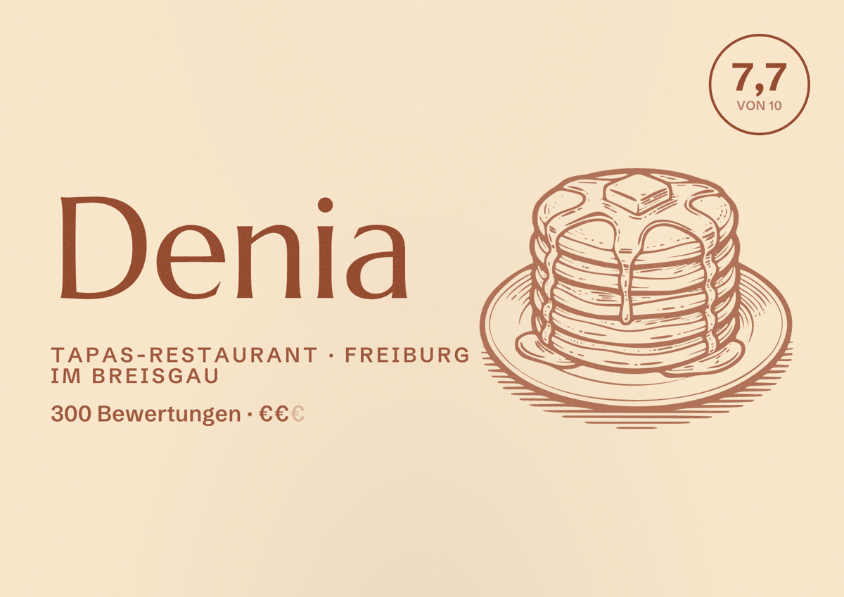 Illustriertes Poster von Denia, Tapas-Restaurant in Freiburg im Breisgau: Bewertung 7,7 von 10 aus 300 Bewertungen, Preisniveau €€