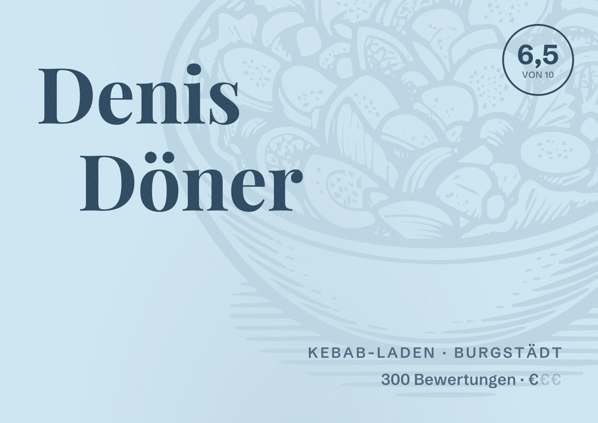Illustriertes Poster von Denis Döner, Kebab-Laden in Burgstädt: Bewertung 6,5 von 10 aus 300 Bewertungen, Preisniveau €