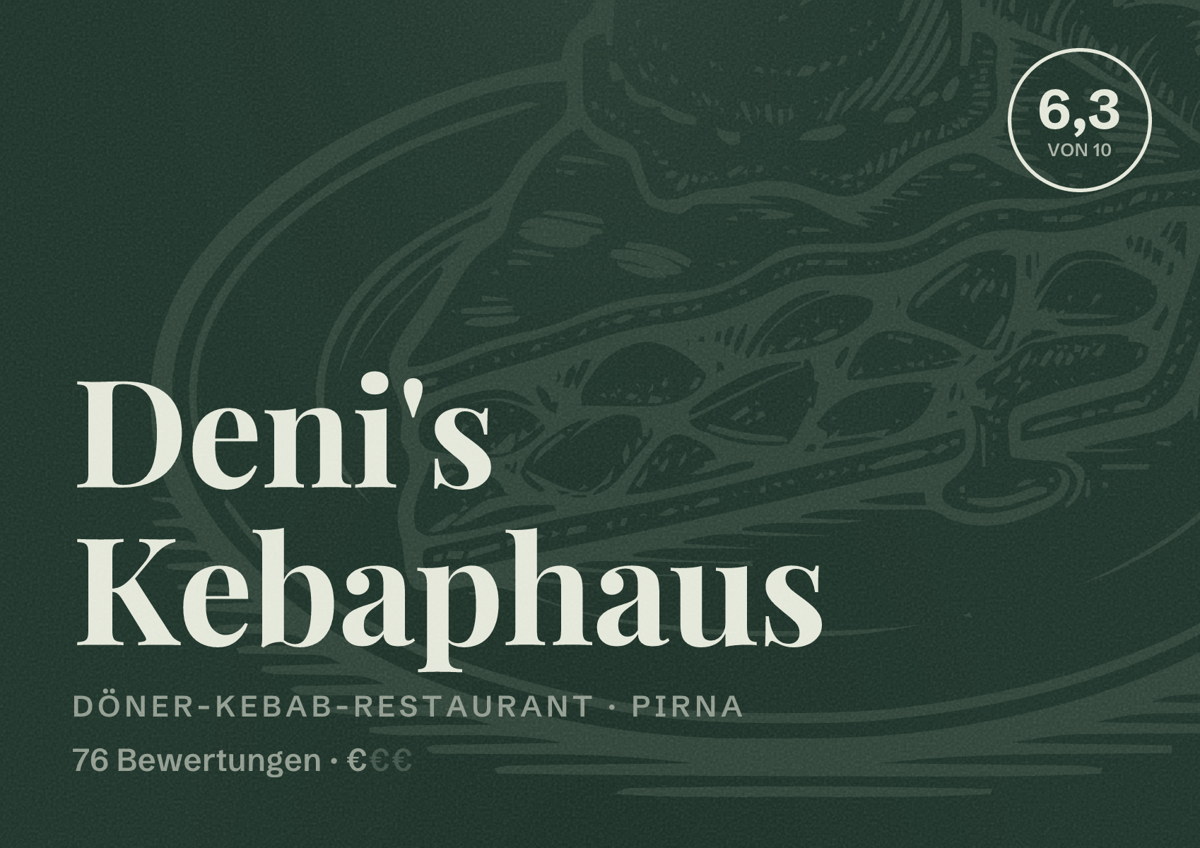 Illustriertes Poster von Deni's Kebaphaus, Döner-Kebab-Restaurant in Pirna: Bewertung 6,3 von 10 aus 76 Bewertungen, Preisniveau €
