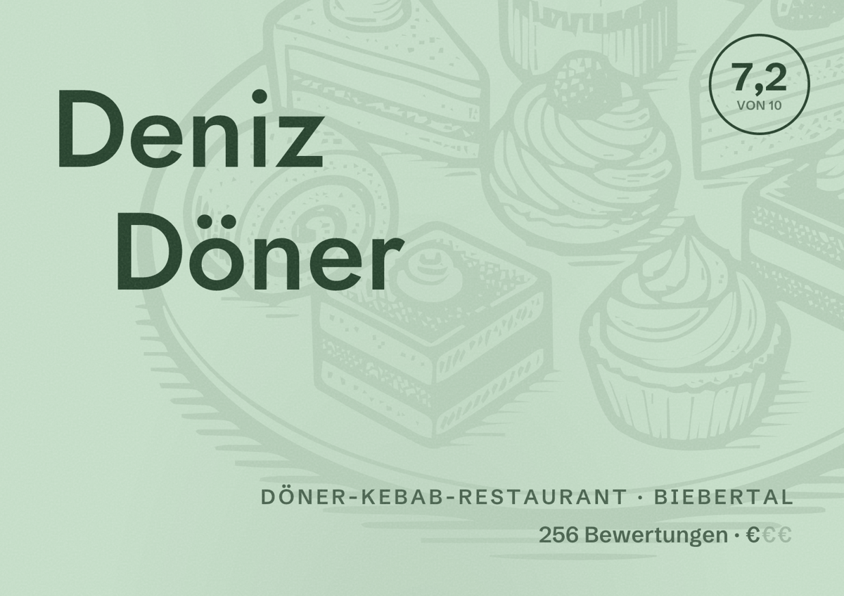 Illustriertes Poster von Deniz Döner, Döner-Kebab-Restaurant in Biebertal: Bewertung 7,2 von 10 aus 256 Bewertungen, Preisniveau €