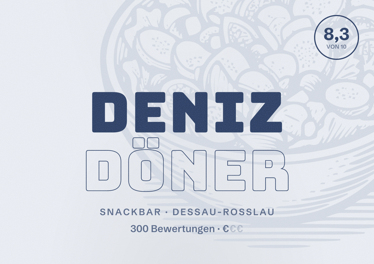 Illustriertes Poster von Deniz Döner, Snackbar in Dessau-Roßlau: Bewertung 8,3 von 10 aus 300 Bewertungen, Preisniveau €