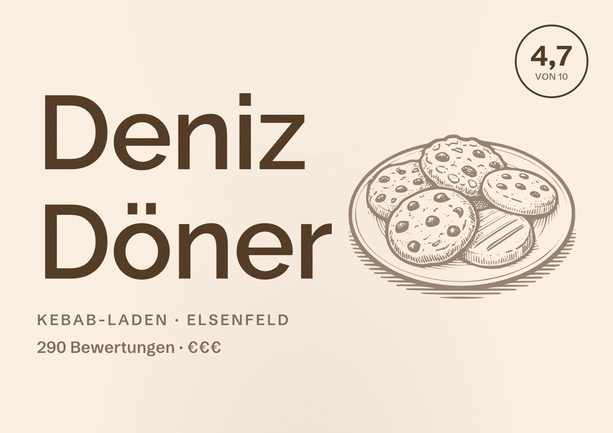 Illustriertes Poster von Deniz Döner, Kebab-Laden in Elsenfeld: Bewertung 4,7 von 10 aus 290 Bewertungen, Preisniveau €€€