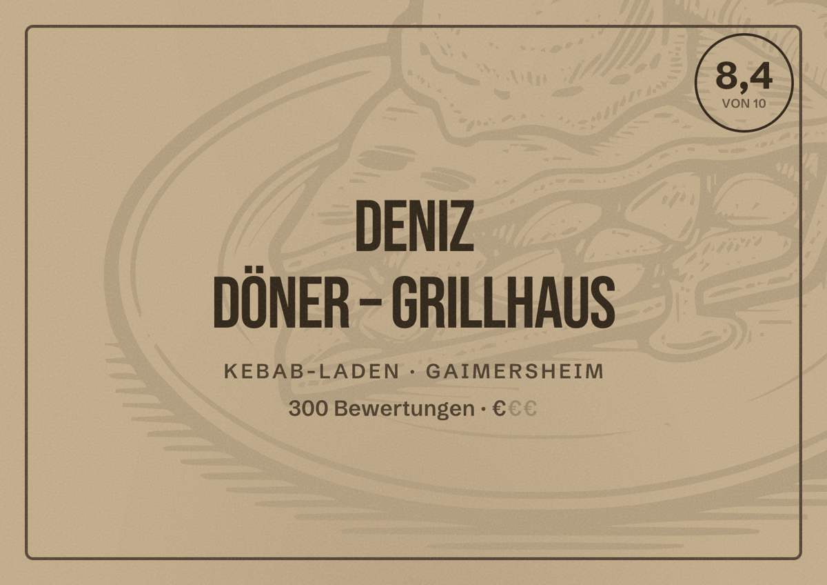 Illustriertes Poster von Deniz Döner – Grillhaus, Kebab-Laden in Gaimersheim: Bewertung 8,4 von 10 aus 300 Bewertungen, Preisniveau €