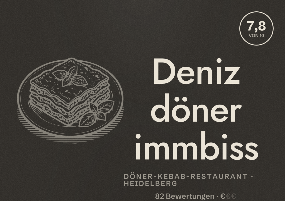 Illustriertes Poster von Deniz döner immbiss, Döner-Kebab-Restaurant in Heidelberg: Bewertung 7,8 von 10 aus 82 Bewertungen, Preisniveau €