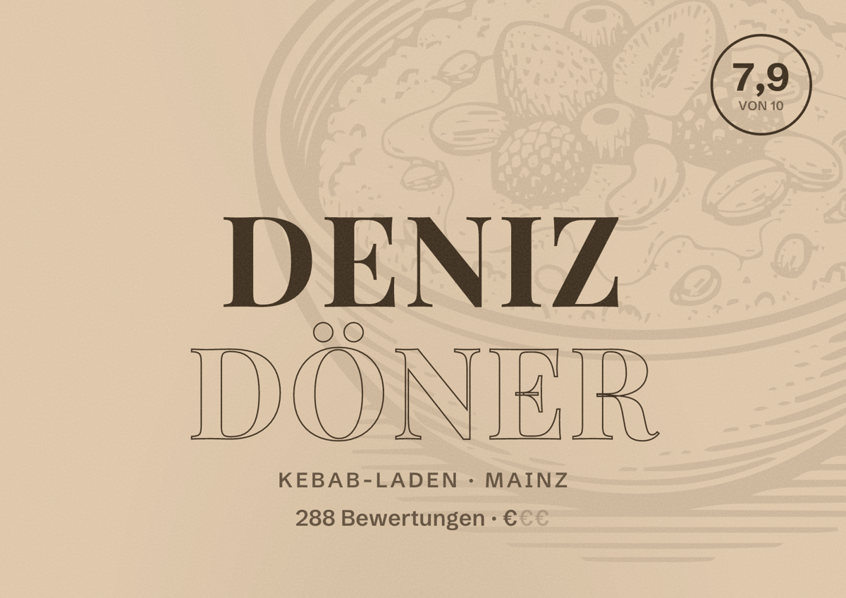 Illustriertes Poster von Deniz Döner, Kebab-Laden in Mainz: Bewertung 7,9 von 10 aus 288 Bewertungen, Preisniveau €