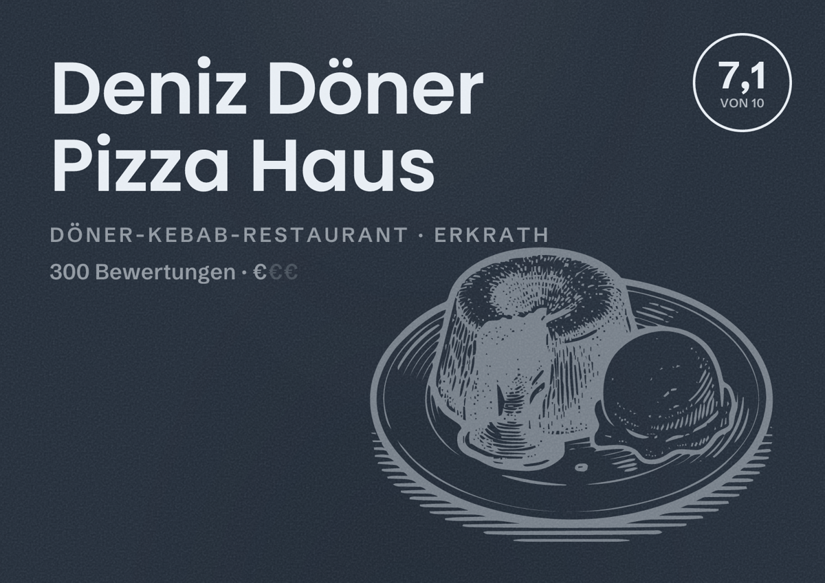 Illustriertes Poster von Deniz Döner Pizza Haus, Döner-Kebab-Restaurant in Erkrath: Bewertung 7,1 von 10 aus 300 Bewertungen, Preisniveau €