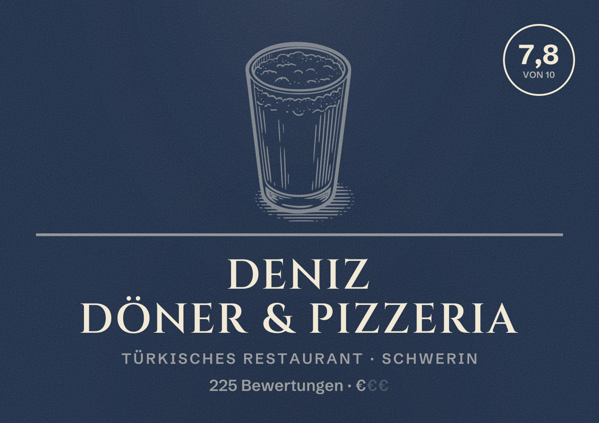Illustriertes Poster von Deniz Döner & Pizzeria, Türkisches Restaurant in Schwerin: Bewertung 7,8 von 10 aus 225 Bewertungen, Preisniveau €