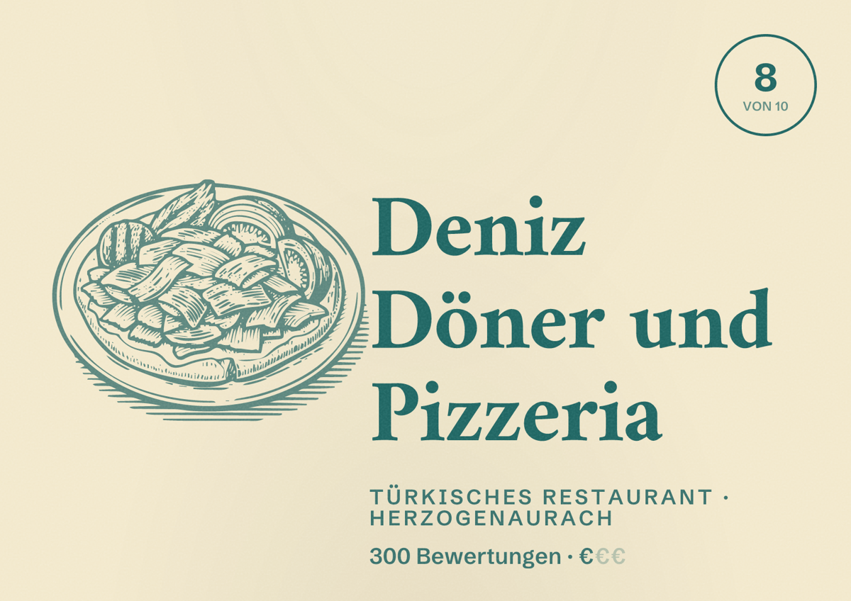 Illustriertes Poster von Deniz Döner und Pizzeria, Türkisches Restaurant in Herzogenaurach: Bewertung 8 von 10 aus 300 Bewertungen, Preisniveau €