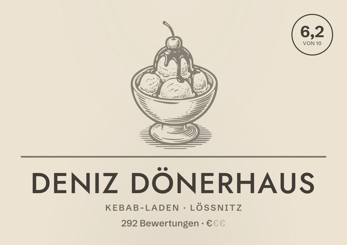 Illustriertes Poster von Deniz Dönerhaus, Kebab-Laden in Lößnitz: Bewertung 6,2 von 10 aus 292 Bewertungen, Preisniveau €
