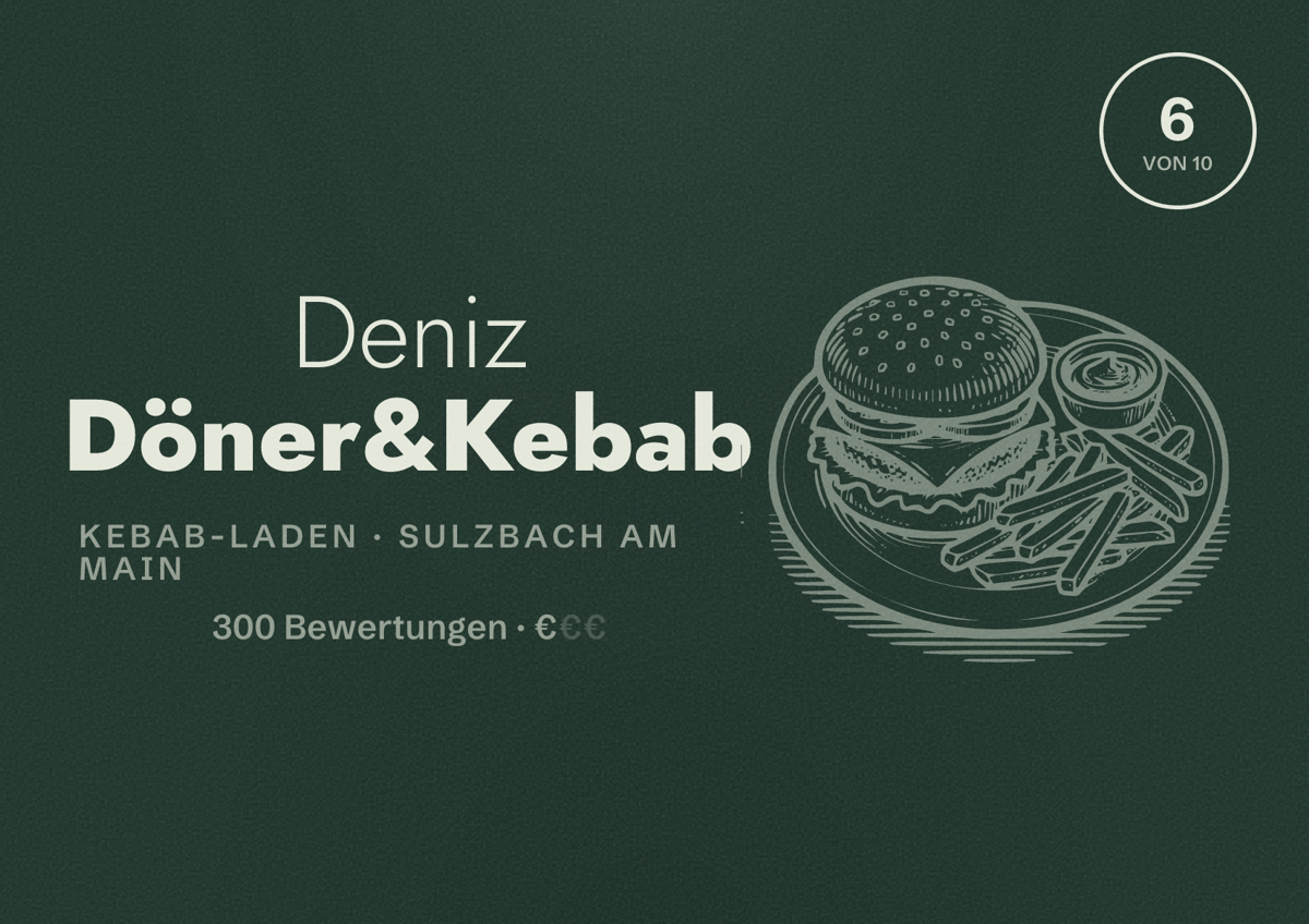 Illustriertes Poster von Deniz Döner&Kebab, Kebab-Laden in Sulzbach am Main: Bewertung 6 von 10 aus 300 Bewertungen, Preisniveau €
